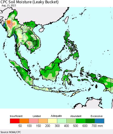 South East Asia CPC Soil Moisture (Leaky Bucket) Thematic Map For 8/11/2023 - 8/15/2023