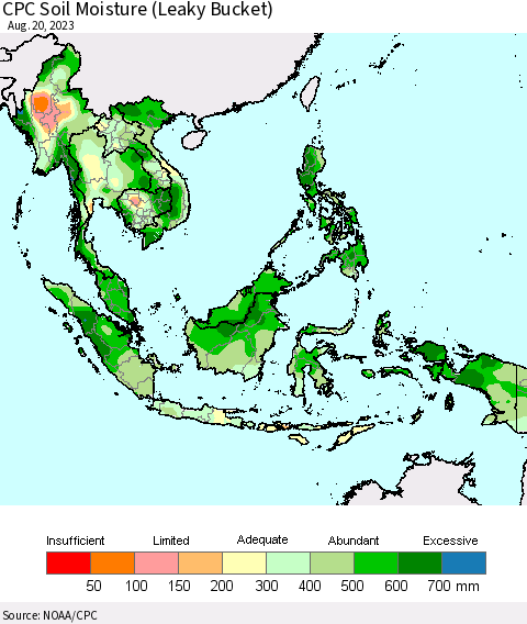 South East Asia CPC Soil Moisture (Leaky Bucket) Thematic Map For 8/16/2023 - 8/20/2023