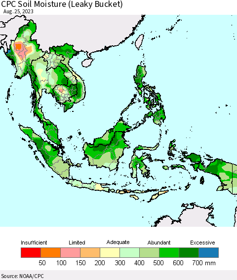 South East Asia CPC Soil Moisture (Leaky Bucket) Thematic Map For 8/21/2023 - 8/25/2023