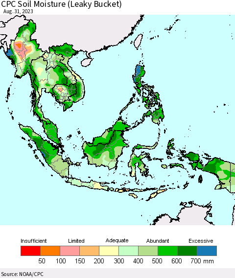 South East Asia CPC Soil Moisture (Leaky Bucket) Thematic Map For 8/26/2023 - 8/31/2023