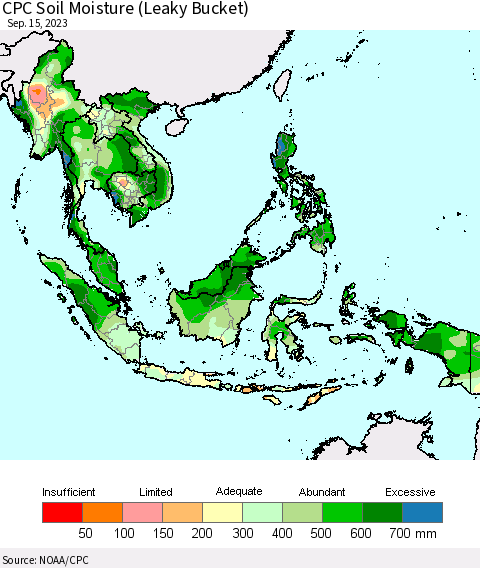 South East Asia CPC Soil Moisture (Leaky Bucket) Thematic Map For 9/11/2023 - 9/15/2023