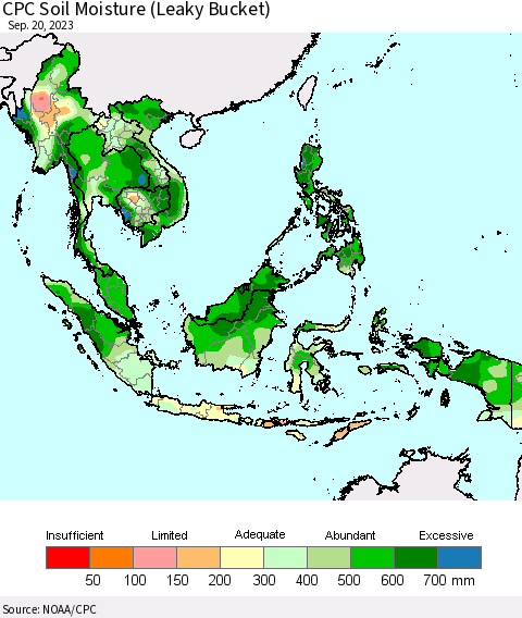South East Asia CPC Soil Moisture (Leaky Bucket) Thematic Map For 9/16/2023 - 9/20/2023
