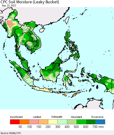 South East Asia CPC Soil Moisture (Leaky Bucket) Thematic Map For 9/21/2023 - 9/25/2023