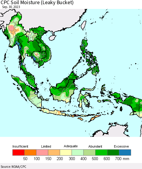 South East Asia CPC Soil Moisture (Leaky Bucket) Thematic Map For 9/26/2023 - 9/30/2023