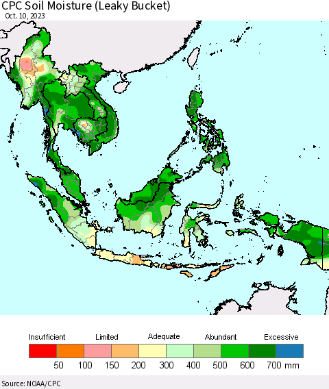 South East Asia CPC Soil Moisture (Leaky Bucket) Thematic Map For 10/6/2023 - 10/10/2023