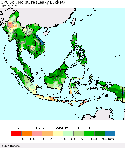 South East Asia CPC Soil Moisture (Leaky Bucket) Thematic Map For 10/16/2023 - 10/20/2023