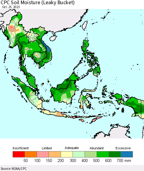 South East Asia CPC Soil Moisture (Leaky Bucket) Thematic Map For 10/21/2023 - 10/25/2023
