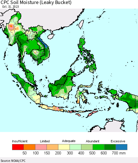 South East Asia CPC Soil Moisture (Leaky Bucket) Thematic Map For 10/26/2023 - 10/31/2023