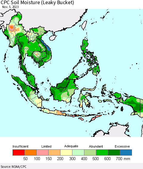 South East Asia CPC Soil Moisture (Leaky Bucket) Thematic Map For 11/1/2023 - 11/5/2023