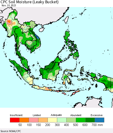 South East Asia CPC Soil Moisture (Leaky Bucket) Thematic Map For 11/6/2023 - 11/10/2023