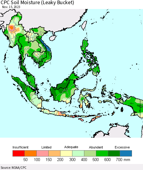 South East Asia CPC Soil Moisture (Leaky Bucket) Thematic Map For 11/11/2023 - 11/15/2023