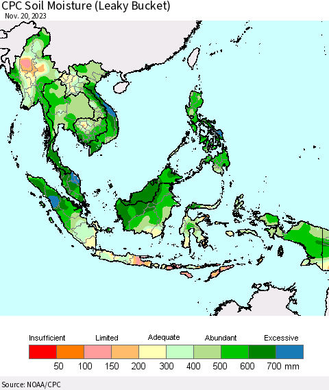 South East Asia CPC Soil Moisture (Leaky Bucket) Thematic Map For 11/16/2023 - 11/20/2023
