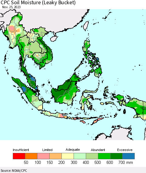 South East Asia CPC Soil Moisture (Leaky Bucket) Thematic Map For 11/21/2023 - 11/25/2023