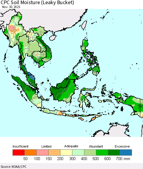 South East Asia CPC Soil Moisture (Leaky Bucket) Thematic Map For 11/26/2023 - 11/30/2023