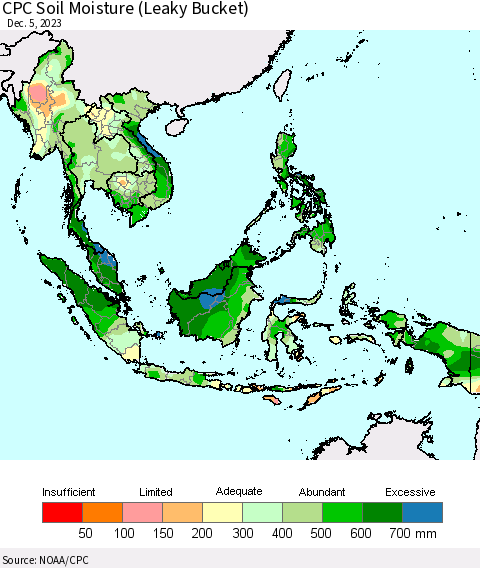 South East Asia CPC Soil Moisture (Leaky Bucket) Thematic Map For 12/1/2023 - 12/5/2023