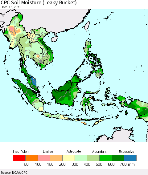 South East Asia CPC Soil Moisture (Leaky Bucket) Thematic Map For 12/11/2023 - 12/15/2023