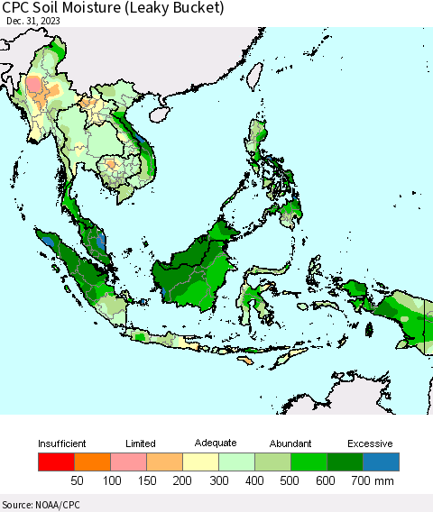 South East Asia CPC Soil Moisture (Leaky Bucket) Thematic Map For 12/26/2023 - 12/31/2023