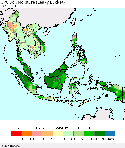 South East Asia CPC Soil Moisture (Leaky Bucket) Thematic Map For 1/1/2024 - 1/5/2024