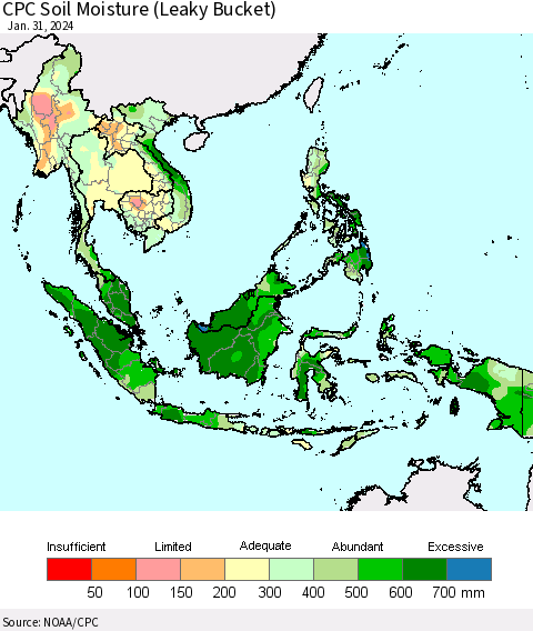 South East Asia CPC Soil Moisture (Leaky Bucket) Thematic Map For 1/26/2024 - 1/31/2024