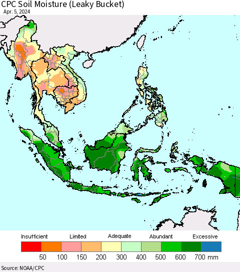 South East Asia CPC Soil Moisture (Leaky Bucket) Thematic Map For 4/1/2024 - 4/5/2024