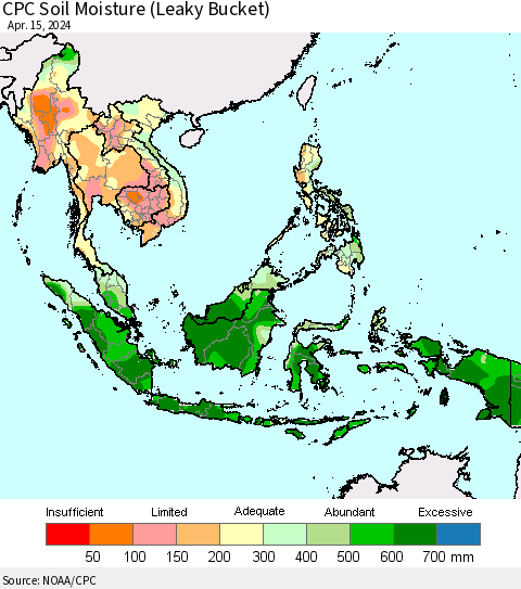 South East Asia CPC Soil Moisture (Leaky Bucket) Thematic Map For 4/11/2024 - 4/15/2024