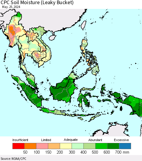 South East Asia CPC Soil Moisture (Leaky Bucket) Thematic Map For 5/21/2024 - 5/25/2024