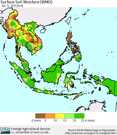 South East Asia Surface Soil Moisture (WMO) Thematic Map For 4/5/2021 - 4/11/2021