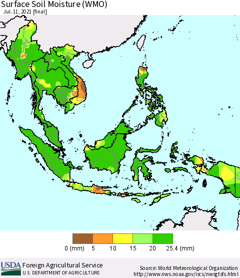South East Asia Surface Soil Moisture (WMO) Thematic Map For 7/5/2021 - 7/11/2021