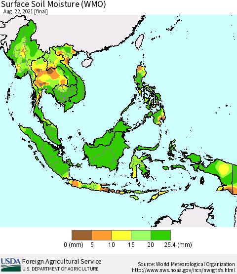 South East Asia Surface Soil Moisture (WMO) Thematic Map For 8/16/2021 - 8/22/2021