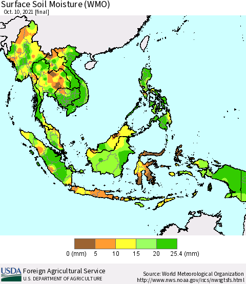 South East Asia Surface Soil Moisture (WMO) Thematic Map For 10/4/2021 - 10/10/2021