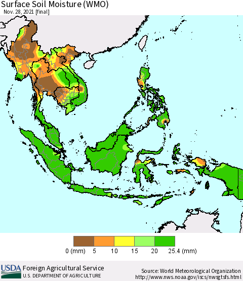 South East Asia Surface Soil Moisture (WMO) Thematic Map For 11/22/2021 - 11/28/2021