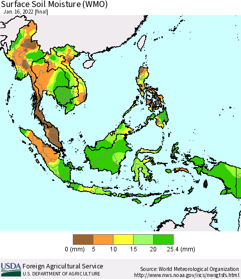 South East Asia Surface Soil Moisture (WMO) Thematic Map For 1/10/2022 - 1/16/2022