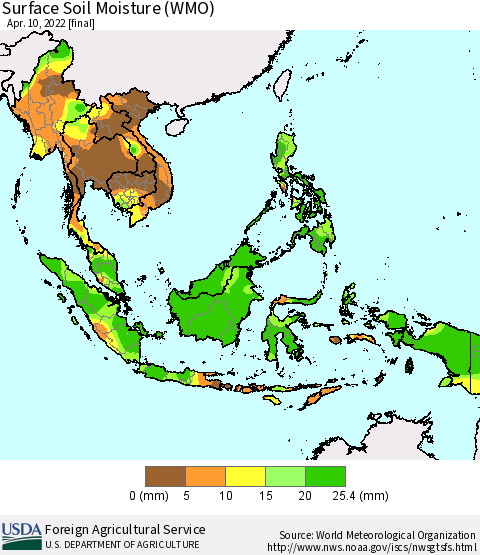 South East Asia Surface Soil Moisture (WMO) Thematic Map For 4/4/2022 - 4/10/2022