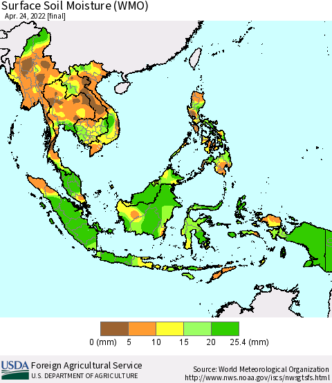 South East Asia Surface Soil Moisture (WMO) Thematic Map For 4/18/2022 - 4/24/2022