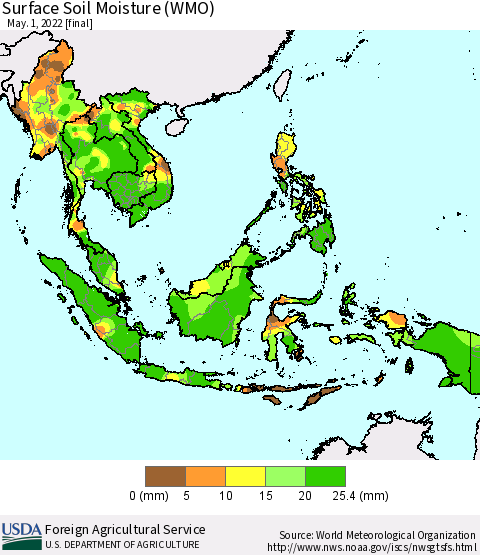 South East Asia Surface Soil Moisture (WMO) Thematic Map For 4/25/2022 - 5/1/2022