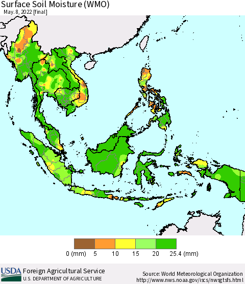 South East Asia Surface Soil Moisture (WMO) Thematic Map For 5/2/2022 - 5/8/2022