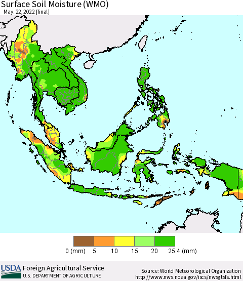 South East Asia Surface Soil Moisture (WMO) Thematic Map For 5/16/2022 - 5/22/2022