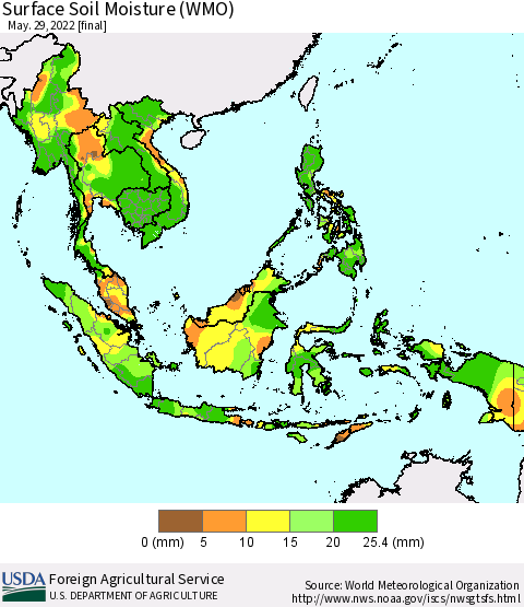 South East Asia Surface Soil Moisture (WMO) Thematic Map For 5/23/2022 - 5/29/2022
