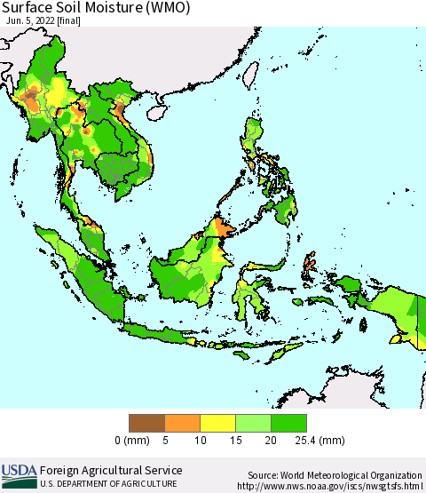 South East Asia Surface Soil Moisture (WMO) Thematic Map For 5/30/2022 - 6/5/2022