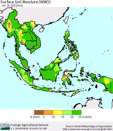 South East Asia Surface Soil Moisture (WMO) Thematic Map For 6/20/2022 - 6/26/2022