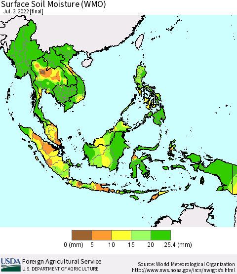 South East Asia Surface Soil Moisture (WMO) Thematic Map For 6/27/2022 - 7/3/2022