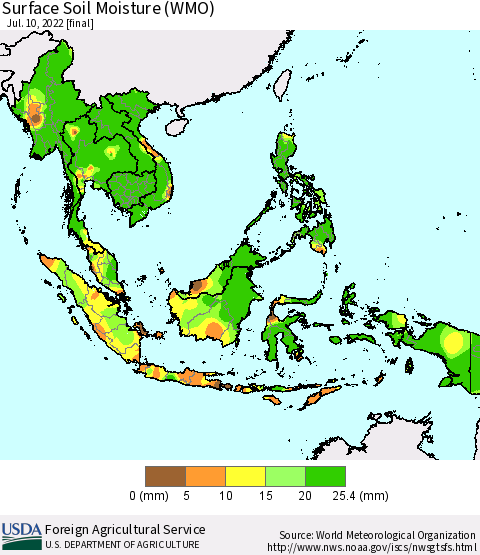 South East Asia Surface Soil Moisture (WMO) Thematic Map For 7/4/2022 - 7/10/2022