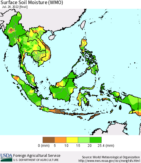 South East Asia Surface Soil Moisture (WMO) Thematic Map For 7/18/2022 - 7/24/2022