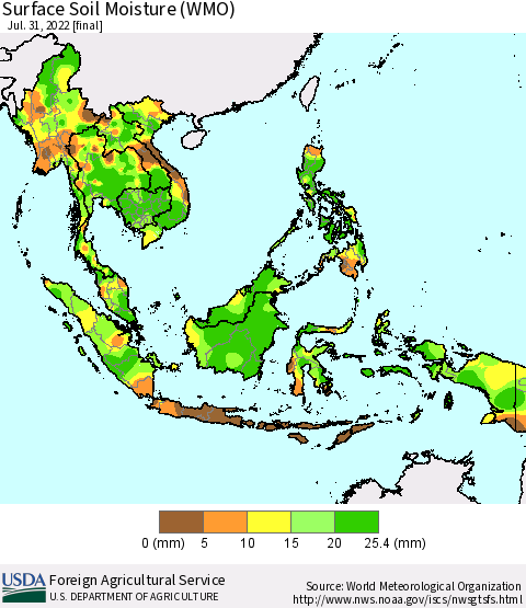 South East Asia Surface Soil Moisture (WMO) Thematic Map For 7/25/2022 - 7/31/2022