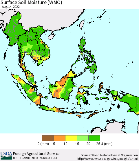 South East Asia Surface Soil Moisture (WMO) Thematic Map For 8/8/2022 - 8/14/2022