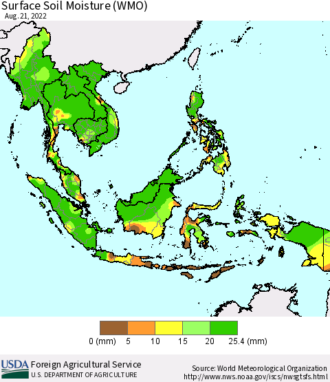 South East Asia Surface Soil Moisture (WMO) Thematic Map For 8/15/2022 - 8/21/2022