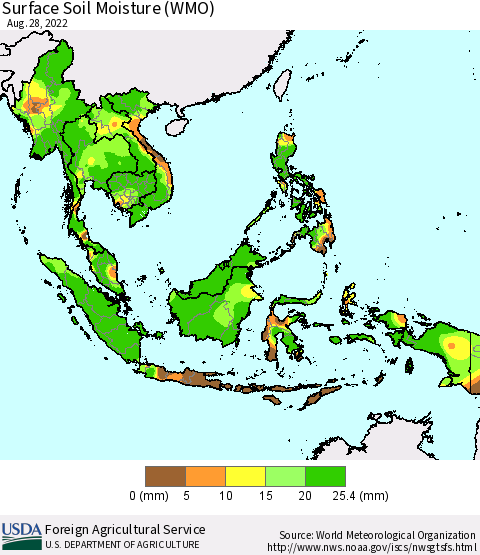 South East Asia Surface Soil Moisture (WMO) Thematic Map For 8/22/2022 - 8/28/2022