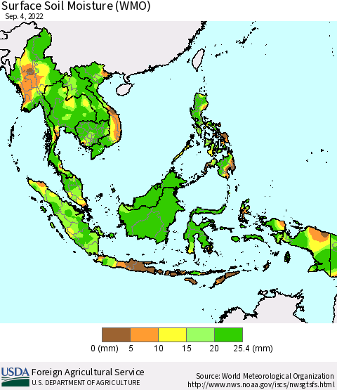South East Asia Surface Soil Moisture (WMO) Thematic Map For 8/29/2022 - 9/4/2022