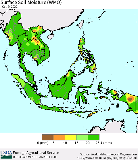 South East Asia Surface Soil Moisture (WMO) Thematic Map For 10/3/2022 - 10/9/2022