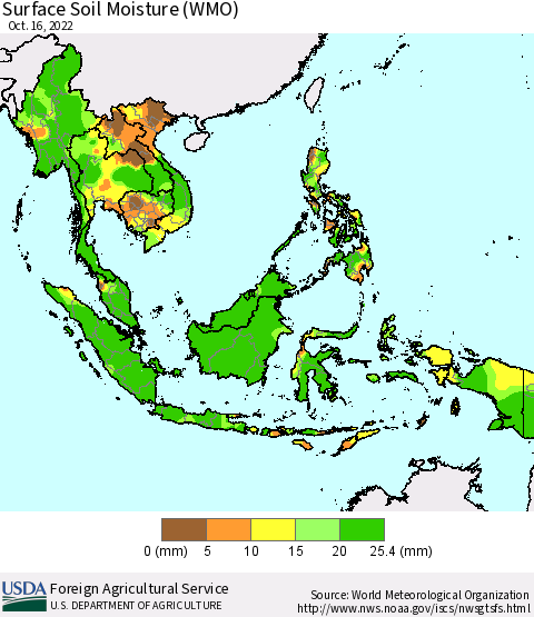 South East Asia Surface Soil Moisture (WMO) Thematic Map For 10/10/2022 - 10/16/2022